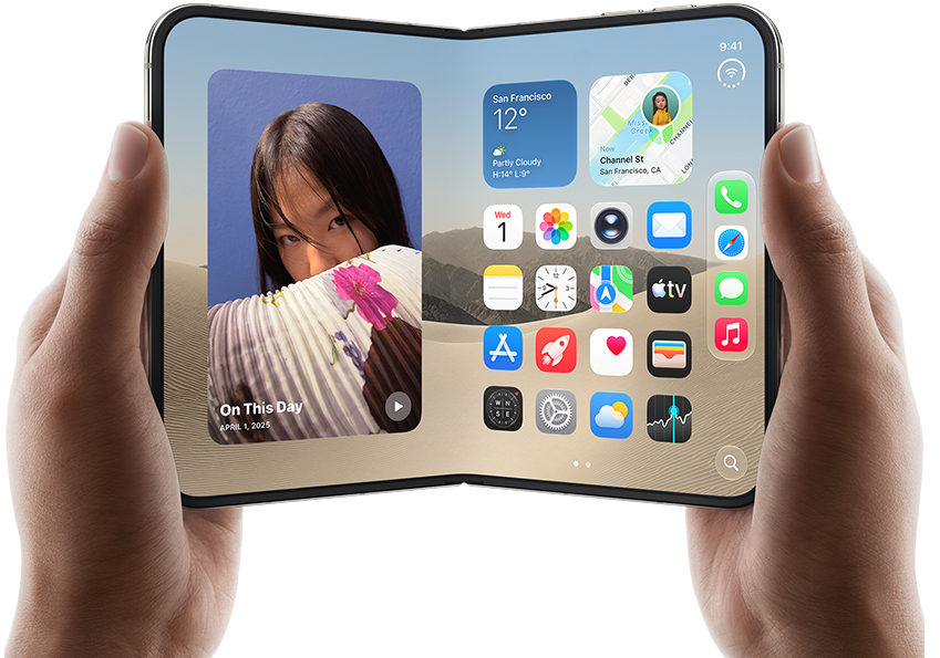 iPhone Duo, Star White color, held by two hands in landscape orientation, unfolded, interior screen displays photos on the left, apps on the right